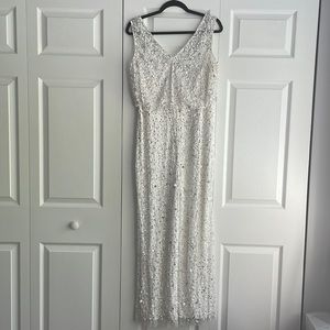 Adrianna Papell White sequin beaded sleeveless illusion neckline flare jumpsuit